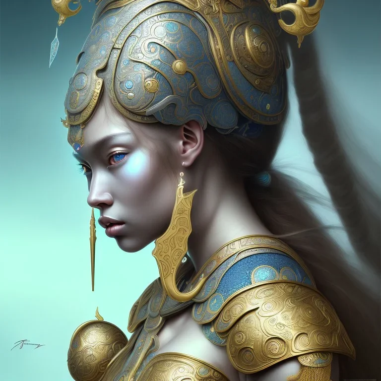 Sango fantasy, fantasy magic, intricate, sharp focus, illustration, highly detailed, digital painting, concept art, matte, art germ and Paul Lewin and Kehinde Wiley, masterpiece silver elephant head bronze Asian African girl nice breast Hawaiian hair turquoise golden waves