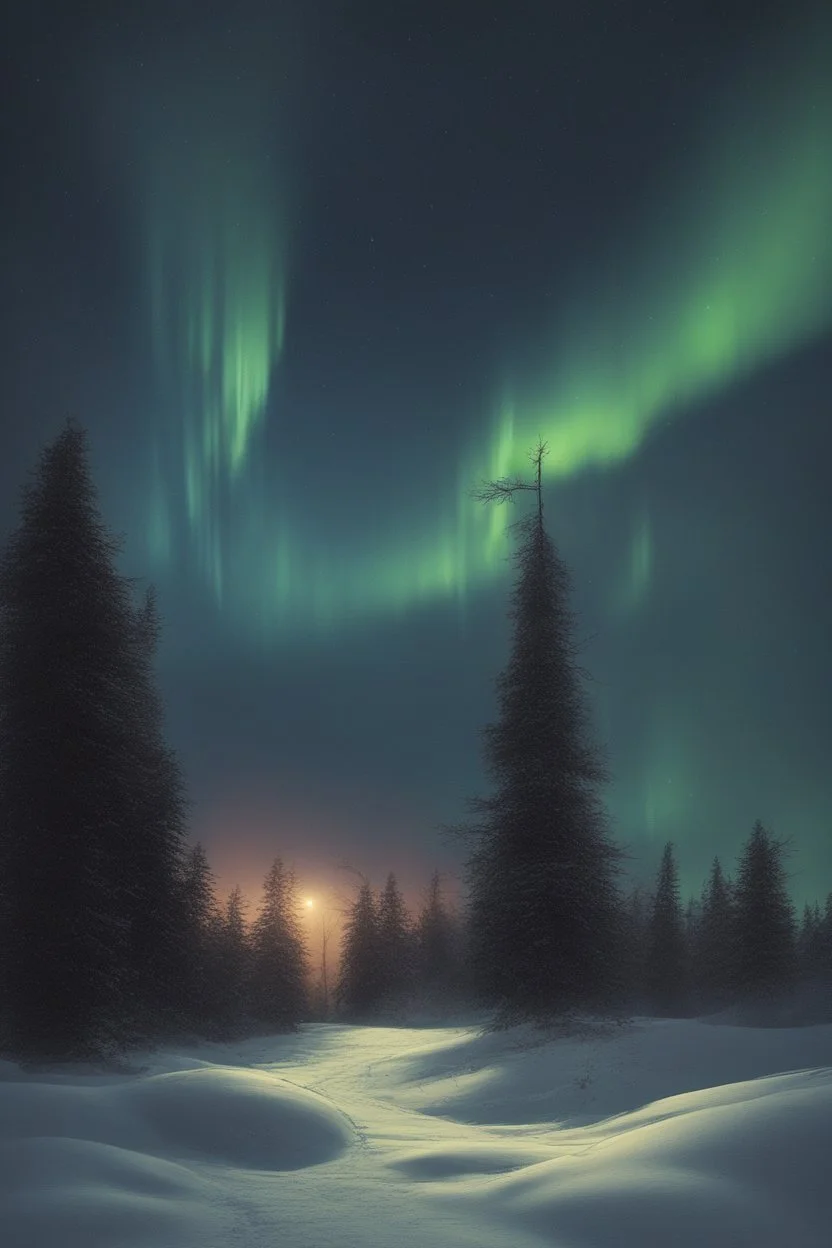 Night, dark Winter landscape with an aurora