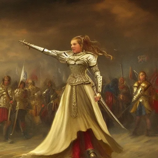 Princess standing. A knight ready to fight. A princes with white dress bowing down. With heavy armor, sword. Realistic details. Crowd in the distance. Guard. Raining cold rain