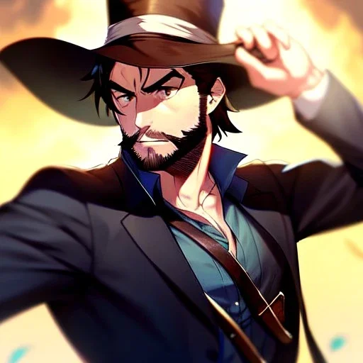 Clear Focus, High resolution, gunslinger, Bearded, short brown hair, serious eyes,