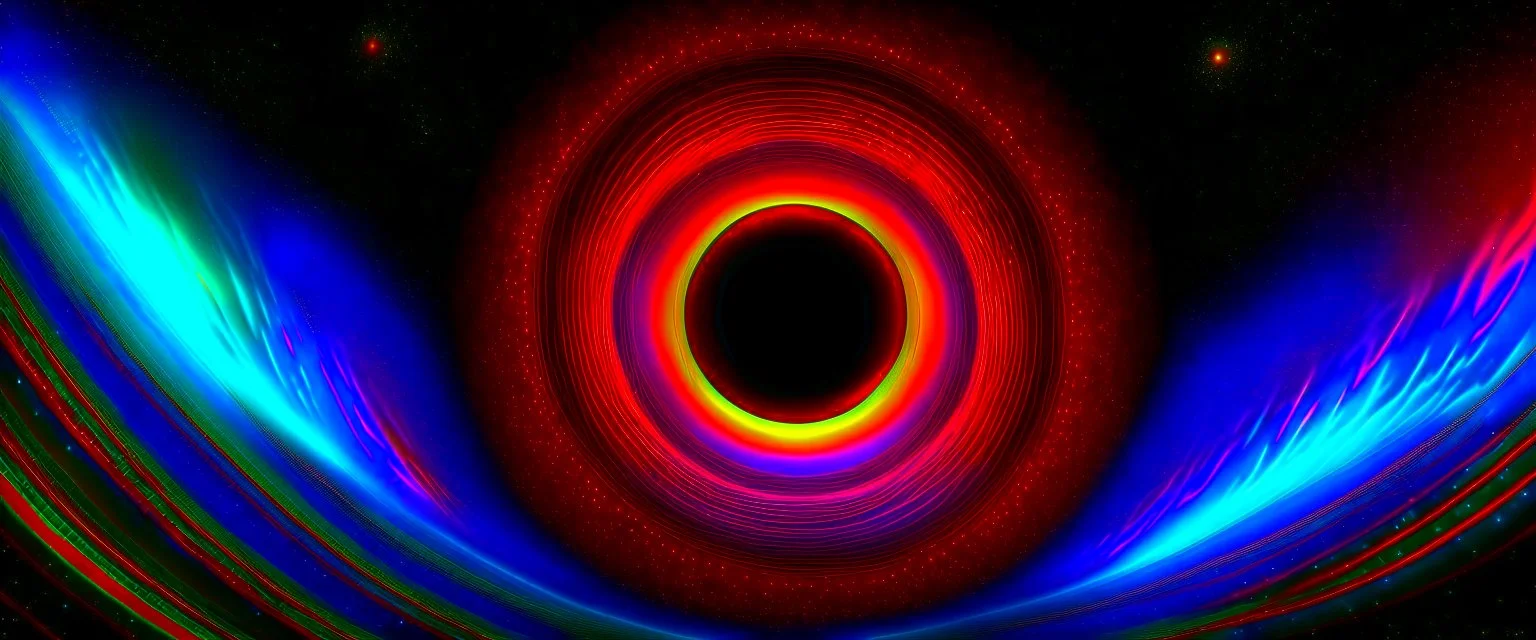 orbiting a black hole from a trillion miles away, peaceful, colorful, dark, ominous, beautiful abyss, viewed from teh vertical plane