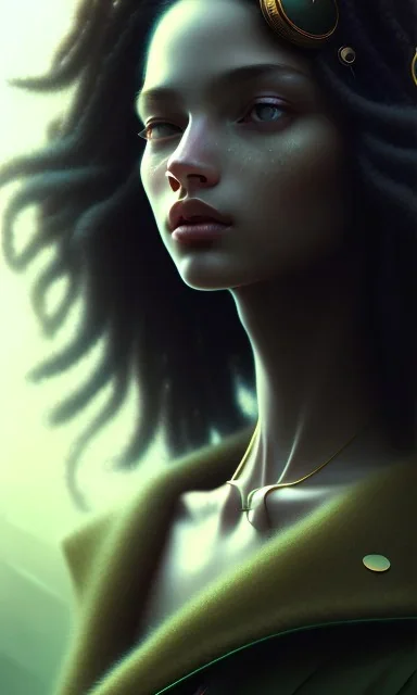 girl, cute, beautiful, long hair, curly hair, black hair, turquoise skin, brown eyes, green coat, black tee shirt, head and shoulders portrait, 8k resolution concept art portrait by Greg Rutkowski, Artgerm, WLOP, Alphonse Mucha dynamic lighting hyperdetailed intricately detailed