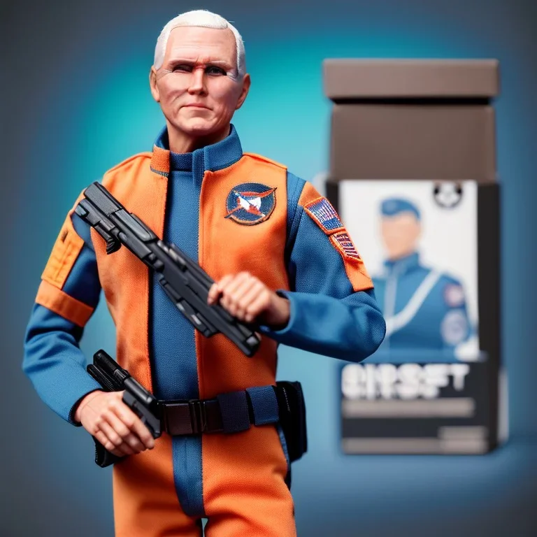 a large pile of face Mike Pence G.I. Joe toy Doll spaceforce uniform, orange blue fabric, gun, wall packaging for sale, bright pricetag, finger, empty box