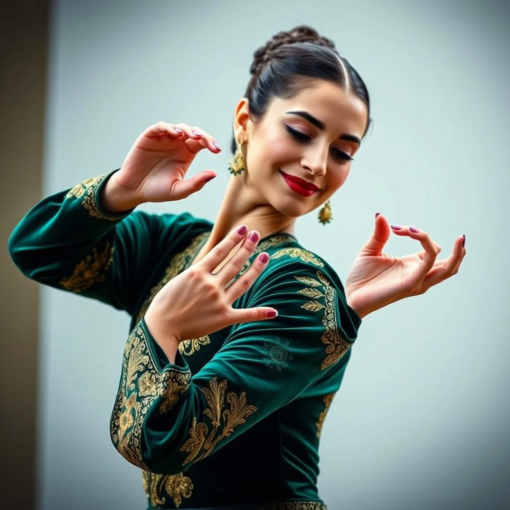 Medium close-up shot of the Azerbaijani dancer performing Bükmə and Sındırma. She rotates her wrists in delicate circular motions, opening her fingers one by one like a blooming lotus petal. She then rhythmically dips her right shoulder while gently tilting her head to the left with a subtle, coy smile. Emerald velvet jacket with gold embroidery, crisp focus on intricate hand gestures, elegant slow motion, 8k resolution.