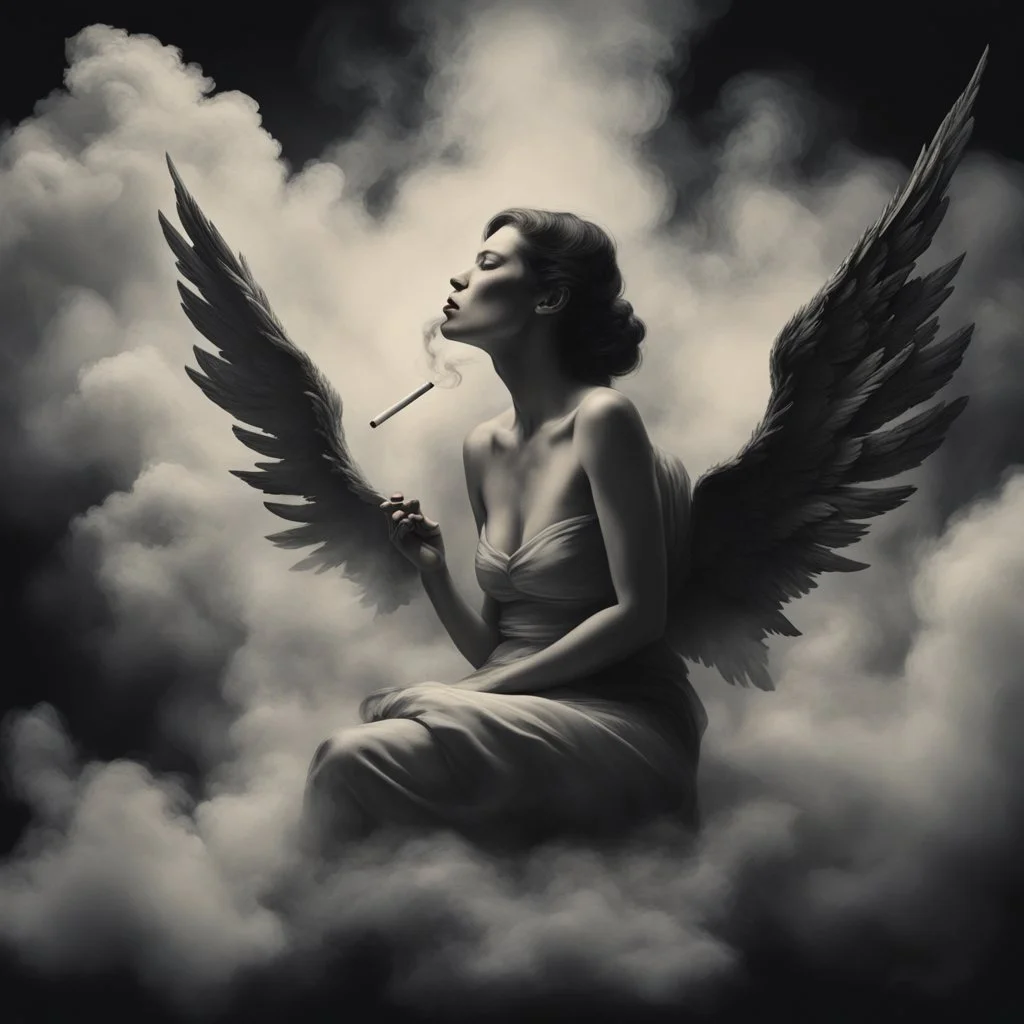 women sitting forward Her face turned upwards and blows cigarette smoke from their mouth. It depicts a figure with wings emerging from its back. behind the clouds of smoke seen death. dark and mysterious