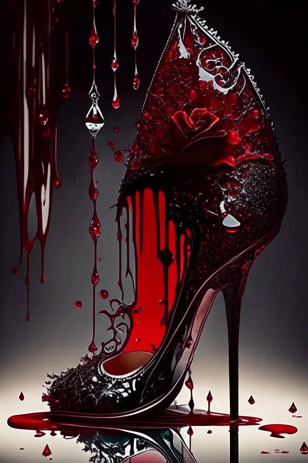 dark fantasy, intricate cover, a whimsical fairytale, shoe made of glass with blood inside and dripping out