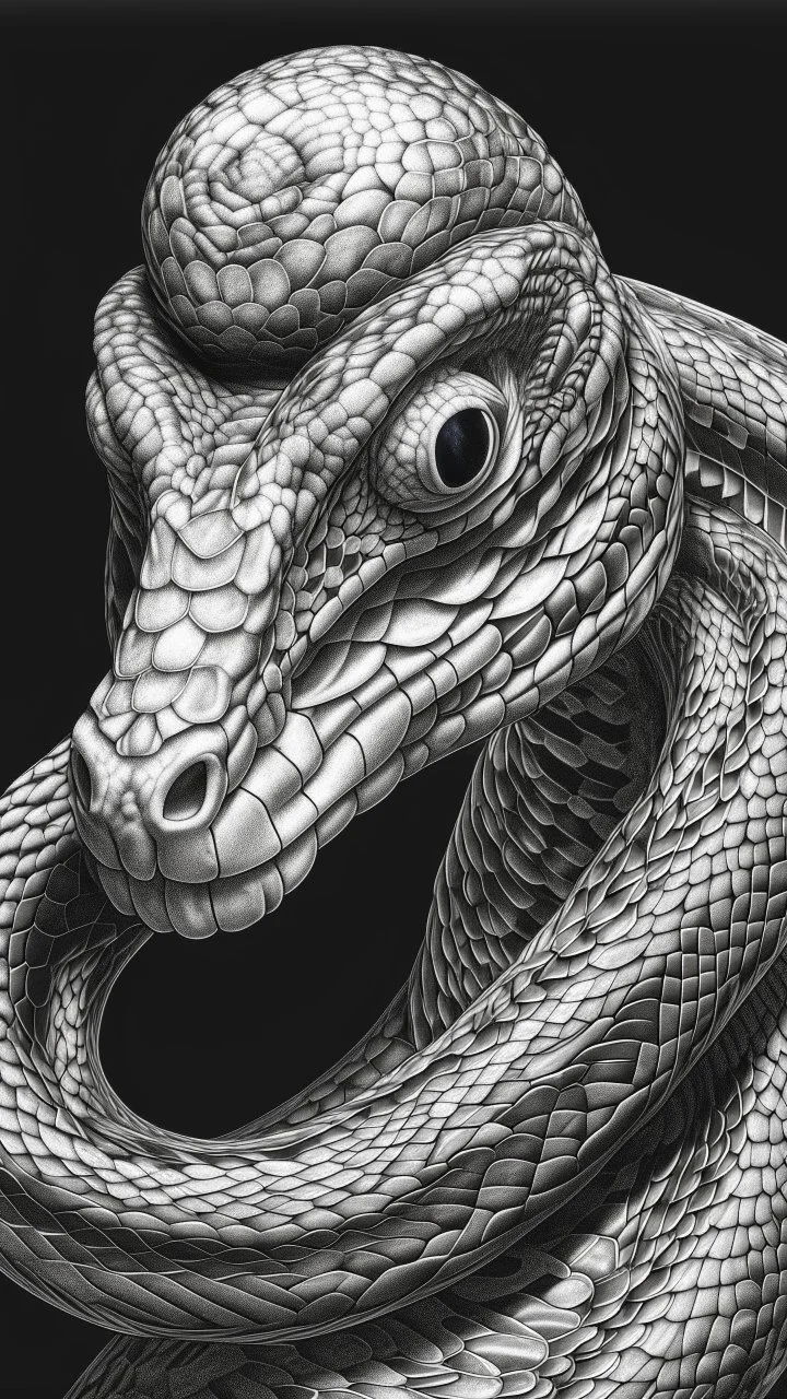G𝙋𝙧𝙤𝙢𝙥𝙩 highly detailed graphite illustration, A surreal snake figure with exaggerated anatomical features, heavily wrinkled skin, and an intense, contemplative expression., thick eyebrows, merge into swirling abstract shapes. Large, expressive hands, one covering the mouth and the other gripping the forehead tensely. Mysterious, introspective, dreamlike, somewhat dark fantasy. #𝙙𝙧𝙚art #prompt