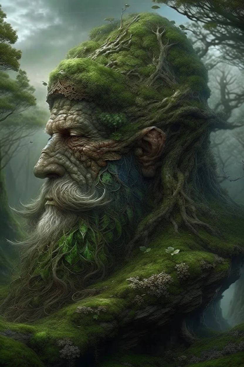 bearded man's head made of ancient weathered stone with a landscape growing on it admidst trees, roots and vines and moss. matte painting by Tomasz Alen Kopera, Dariusz Zawadzki, Zdzisław Beksiński, surreal, colourful, concept art, award winning. razor sharp quality