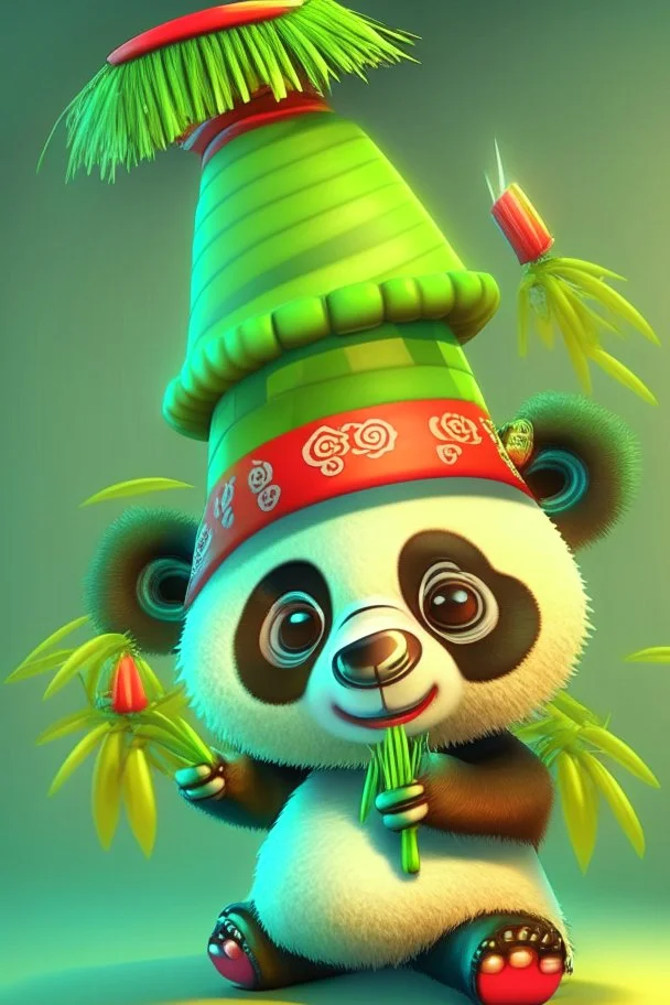 super cute panda, exaggerated big eyes, wearing a Doctor degree hat with red tassels, yellow dazzling aura, holding and eating newly sprout light green bamboos, 3d cartoon style, HD