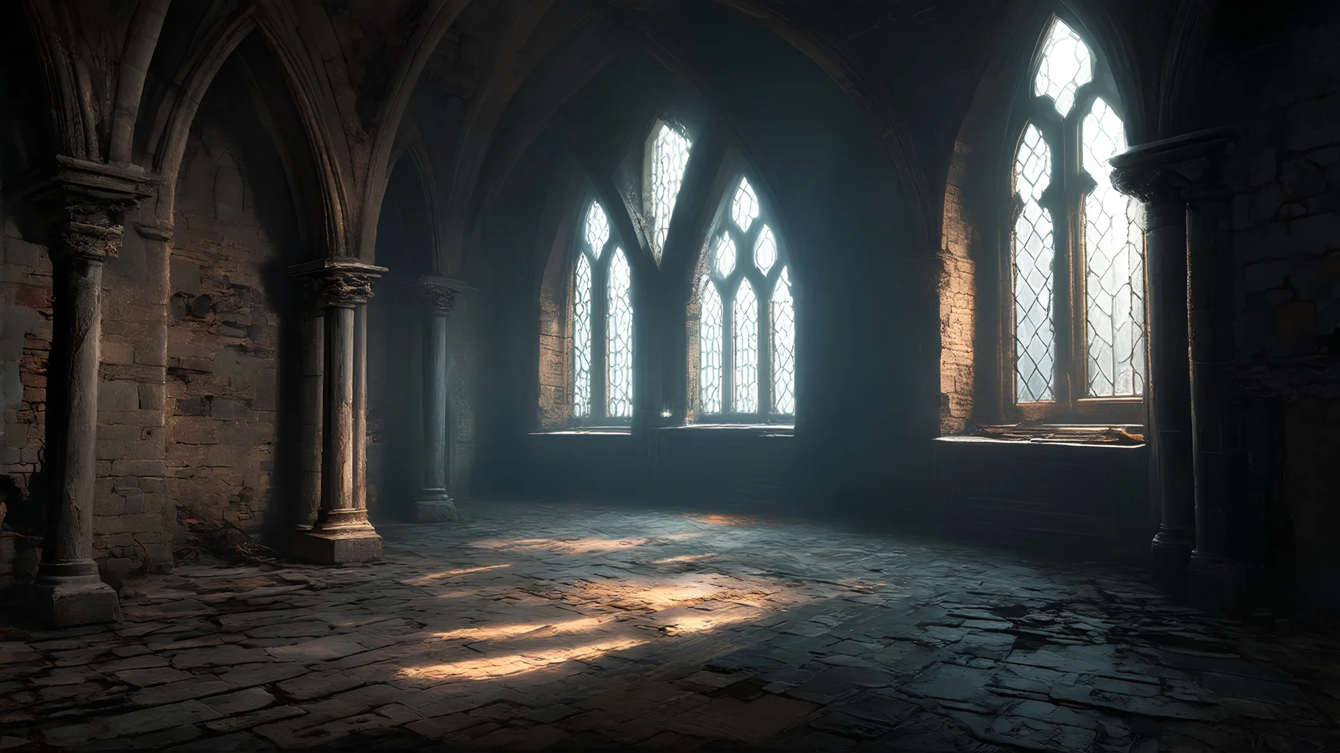 dark fantasy art of a medieval abandoned hall