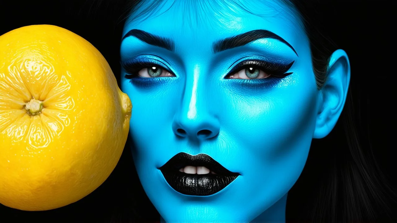 A stunning blue face with lips as bright as lemons, rendered in a hyper-realistic style with intricate details and a touch of surrealism.