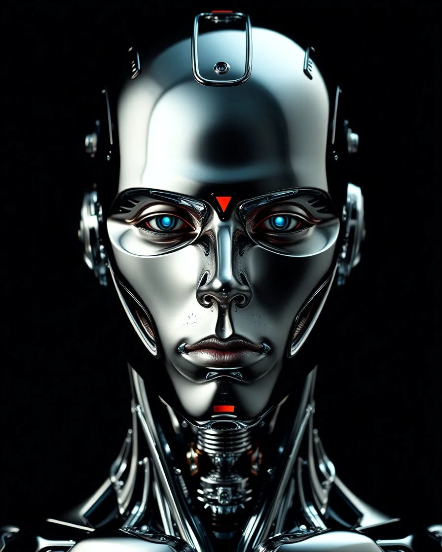 portrait shot, chromed male cyborg with instead of eyes, shining chromed robot in dark background, floating