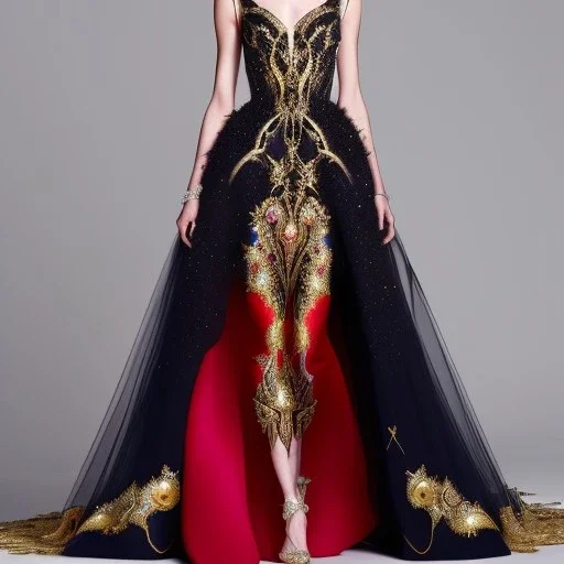 stunning extrem opulent haute couture gown designed by Marchesa inspired by fairies, realistic epic elegant fantasy color mix of black and gold and dark red,decorated with precious stones, detailed, high quality, intricate, fantasyland background,