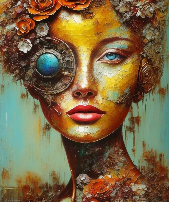  an abstract painting of rusted metal and flowers, african portrait, rust, scaffolding, iron cladding, decay, mixed media, textured, anatomically correct, beautiful perfect face, sharp focus, highly detailed