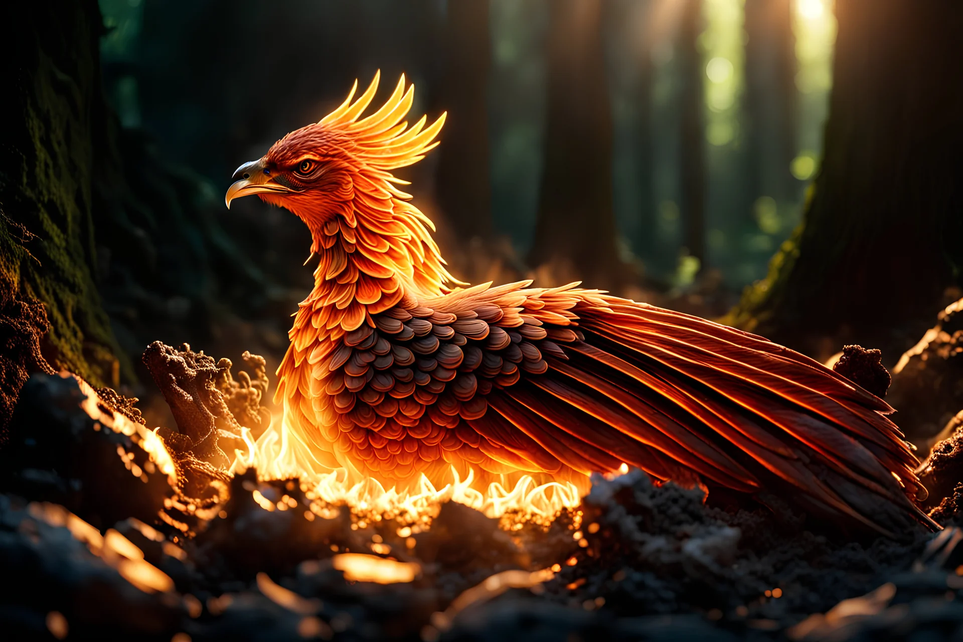 Extremely detailed and intricate scene of a new born phoenix cuddled up resting on a pile of smoking ashes, rays of sunlight shine on the phoenix, in the background is a dense dark forest, settings: f/8 aperture, hyper realistic, 4k