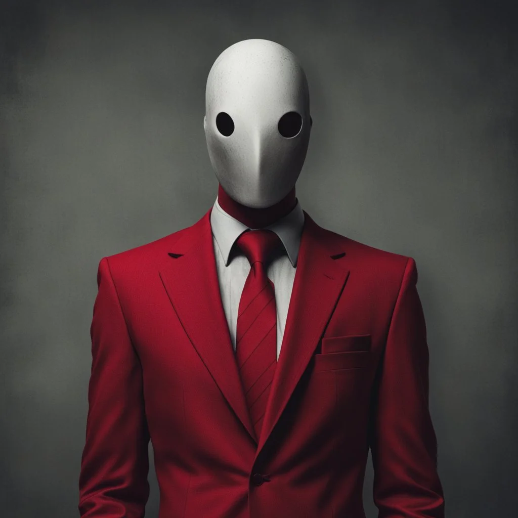 a sinister figure wearing a red suit with a red tie with no face and dirty hair