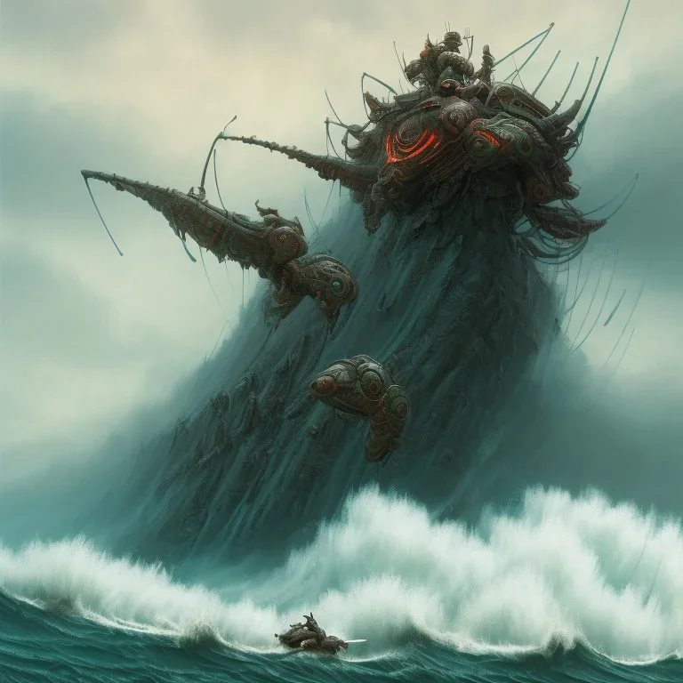 an ibis warrior in orange and green full battle armor, background of giant crashing ocean waves, a highly detailed illustration, realistic render, 8 k, micro detail, intricate, elegant, centered, digital painting, smooth, sharp focus, illustration, artgerm, tomasz alen kopera, peter mohrbacher, donato giancola, joseph christian leyendecker, wlop, boris vallejo