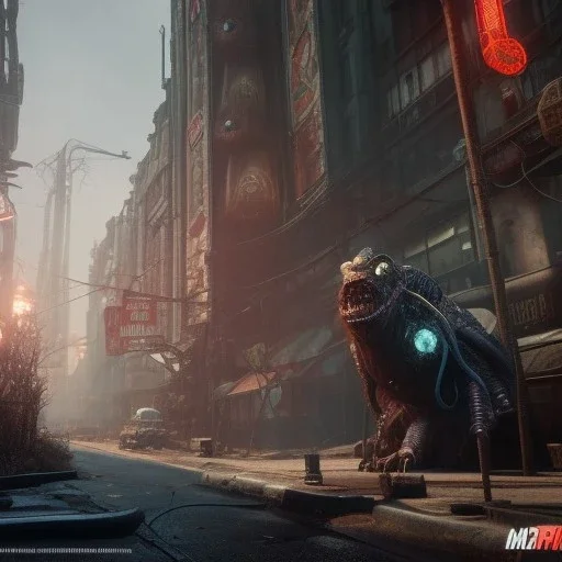 fallout 4 monster in the streets of cyberpunk city, unreal engine