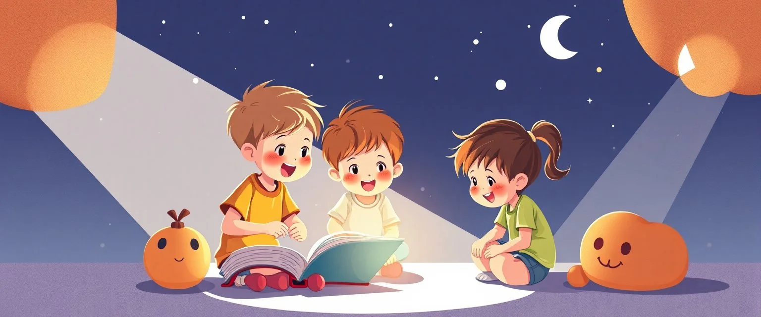 illustration of preschool children playing. fantastic lighting, cute amine children's book proportions