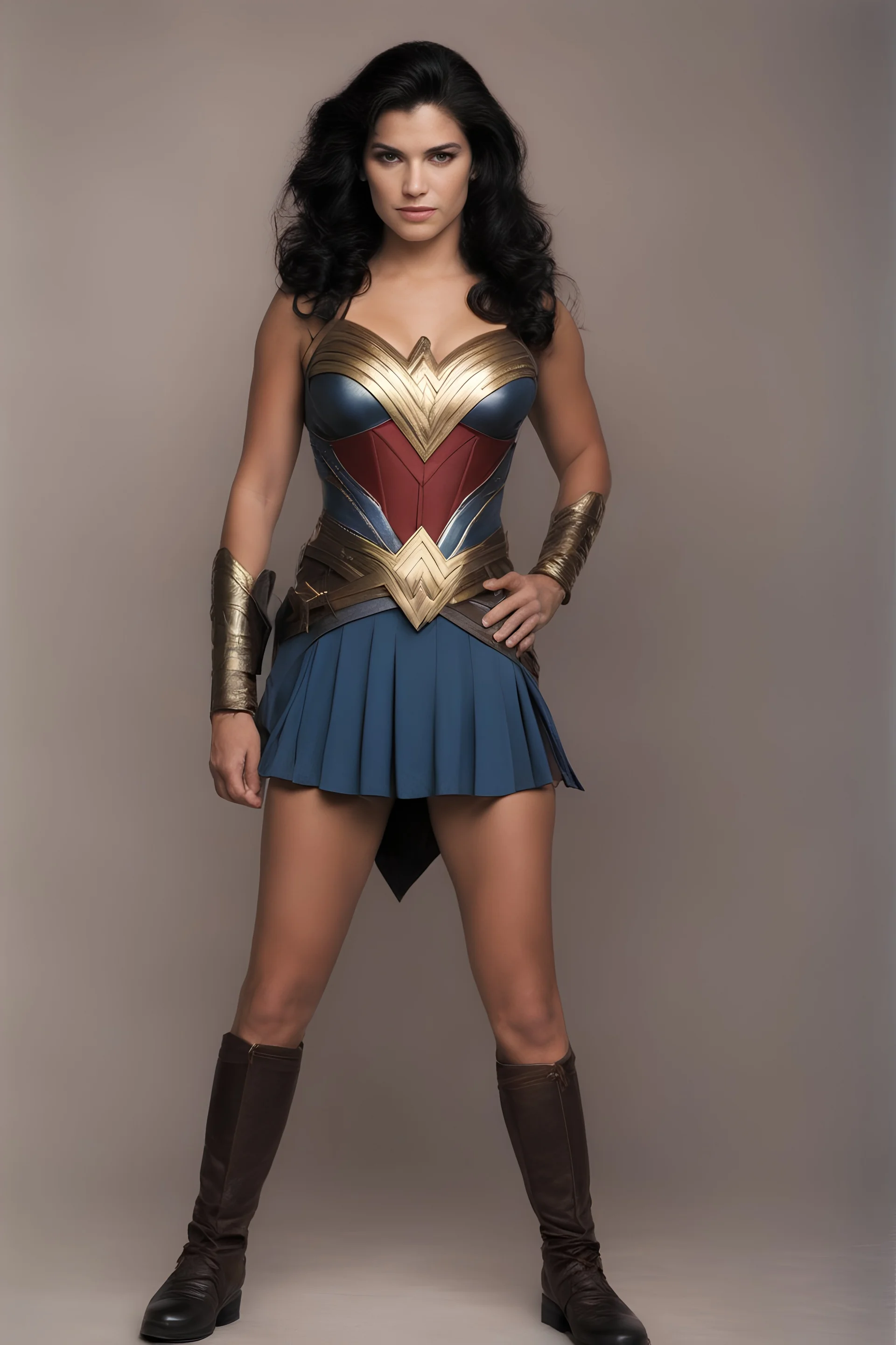 full body image, 1980's yearbook photo, teenage girl, Gina Carano as Wonder Woman, 18 years old, black hair, 80's hairstyle, photorealistic, --ar 9:16 --style raw,