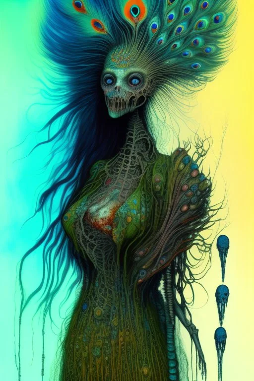 A beautiful girl with a colorful peacock long hair , full body, front view . decayed and rotting with grotesque proportions and imagery. grotesqueries, detailed texture, surreal horror, biomechanical design, by hr giger and beksinski , on blue color