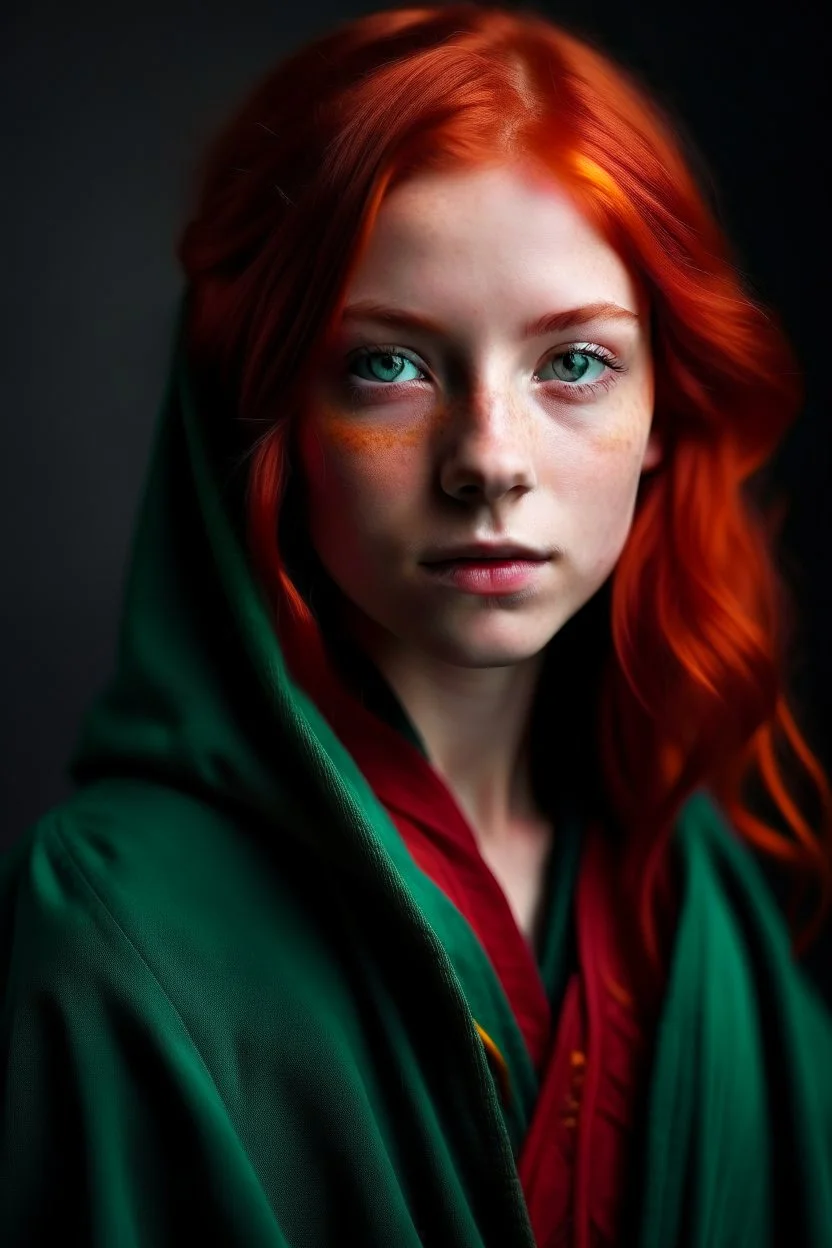 A girl with red hair and green eyes and she is wearing a Hogwarts robe