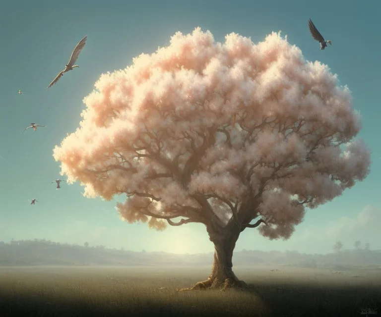 a beautiful digital painting of a marble tree entertwined in tumutluous clouds, intricate white branches and birds flying in the sunlight, blue sky at sunset, elegant, highly detailed, artstation, concept art, matte, sharp focus, art by tom bagshaw, kelogsloops and greg rutkowski