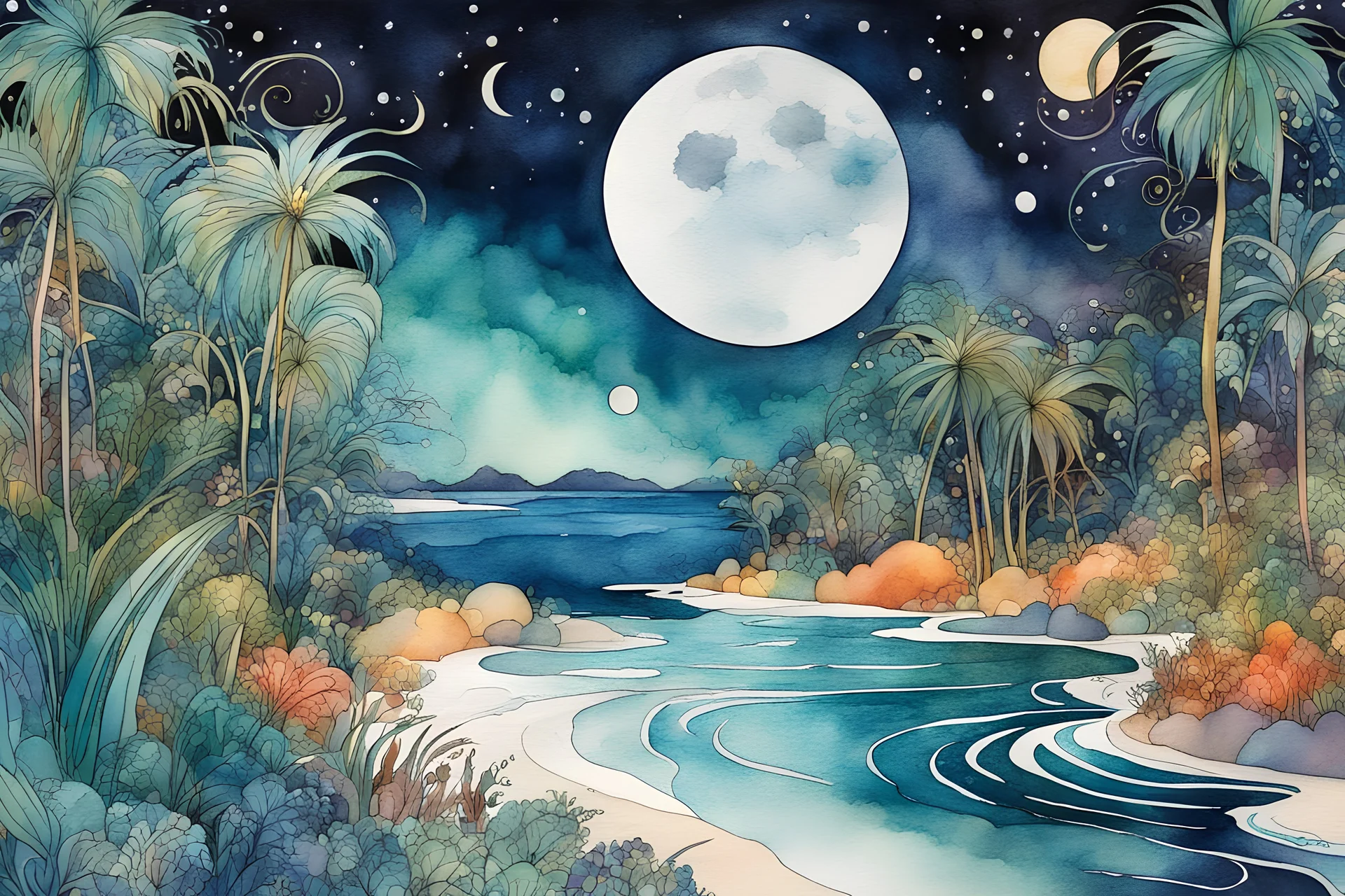 random watercolor Zentangle patterns in the styles of Gustav Klimt ,Wassily Kandinsky, Alphonse Mucha, and Kay Nielsen that depicts an idyllic moonlit tropical lagoon, with fine ink outlining