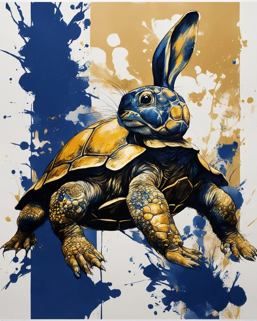 poster in two gradually, a one side Bunny darkblue and other side Turtle gold tones, painting by Yoji Shinkawa,