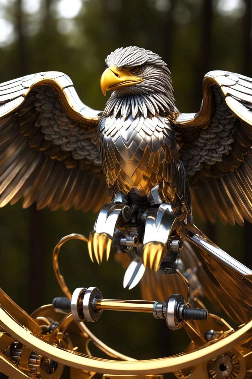 eagle straddle wings, detailed, intricate, mechanical, gears cogs cables wires circuits, gold silver chrome copper, blurred woodland background, shallow depth of focus, render, cgi, ray-tracing