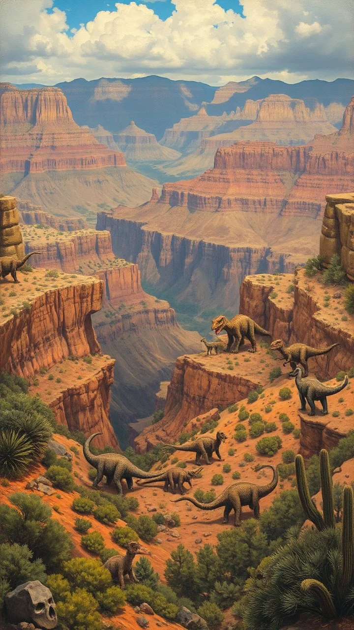 A lot of dinosaurs in the bottom of the Grand Canyon valley, in surrendered by the high Grand Canyon mountains the desert, in a forgotten battlefield over run by vegetation, cutesy tiktok detailed oil painting, grainy, old style