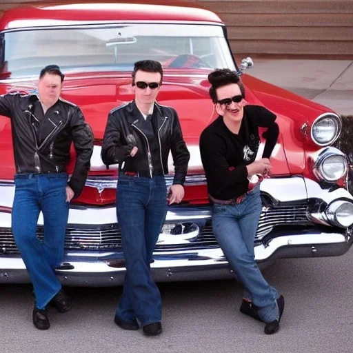 a 50s Greaser BAND standing in front of a hot rod