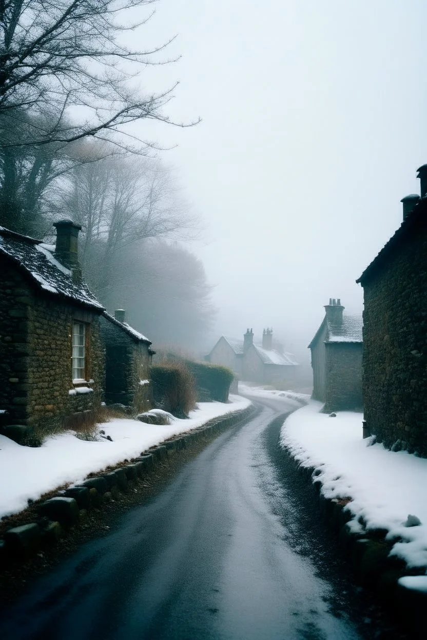 35 mm photo, scottish village in the snow, mist, vanishing point --ar 3:4 --stylize 150