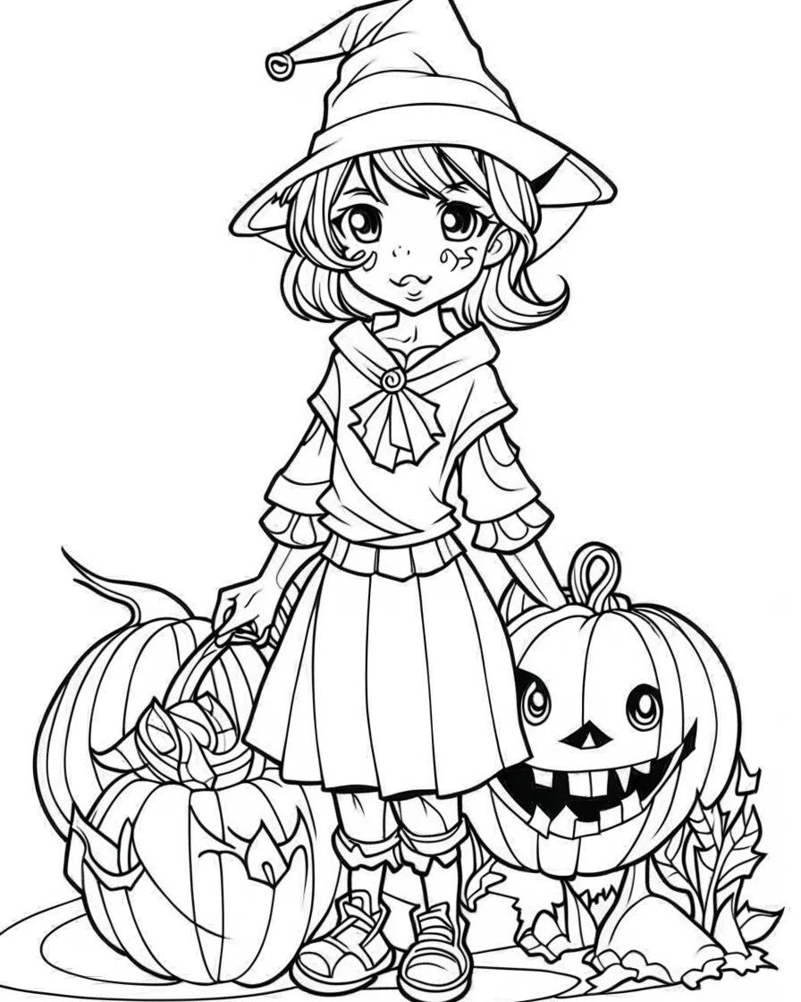 outline art for halloween coloring pages for kids , white background, Sketch style, full body, only use outline, clean line art, white background, no shadows and clear and well outlined, coloring page for kids,