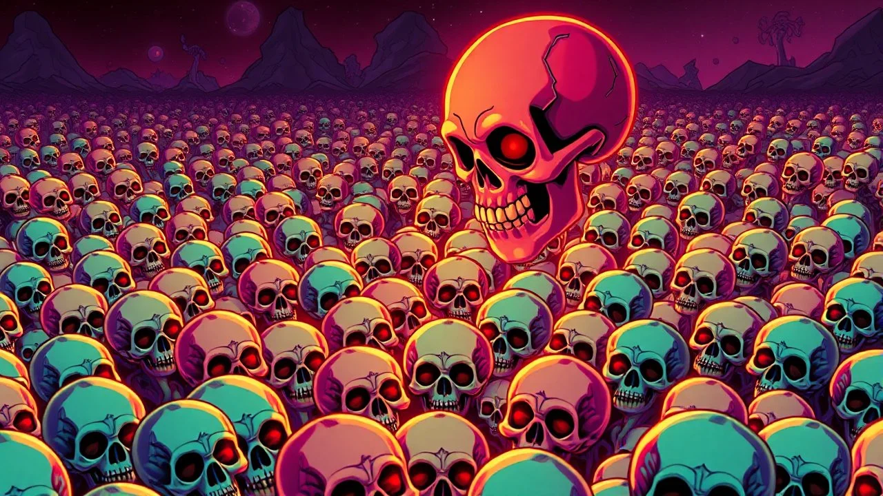 mars attacks a field of 1000s of cartoonish, anatomically correct, skulls, vivid RANDOM BRIGHT neon colors, dark comedy, well lit, high detail, photorealistic, horrorcore, fun, scary, none featured, each a different color or hue,