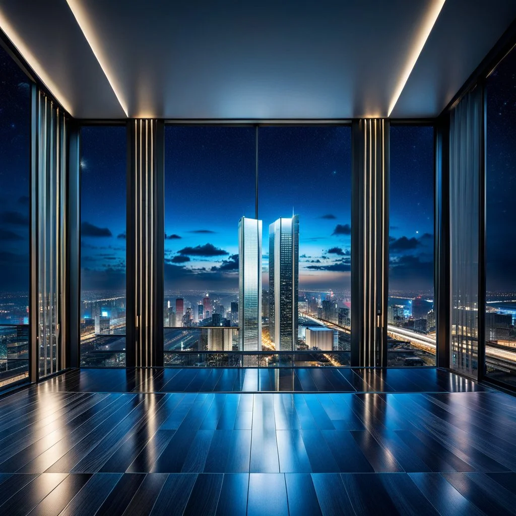 luxury big square hall in top floor of skyscrapper in moder city at night sky,city scape at backgrownd