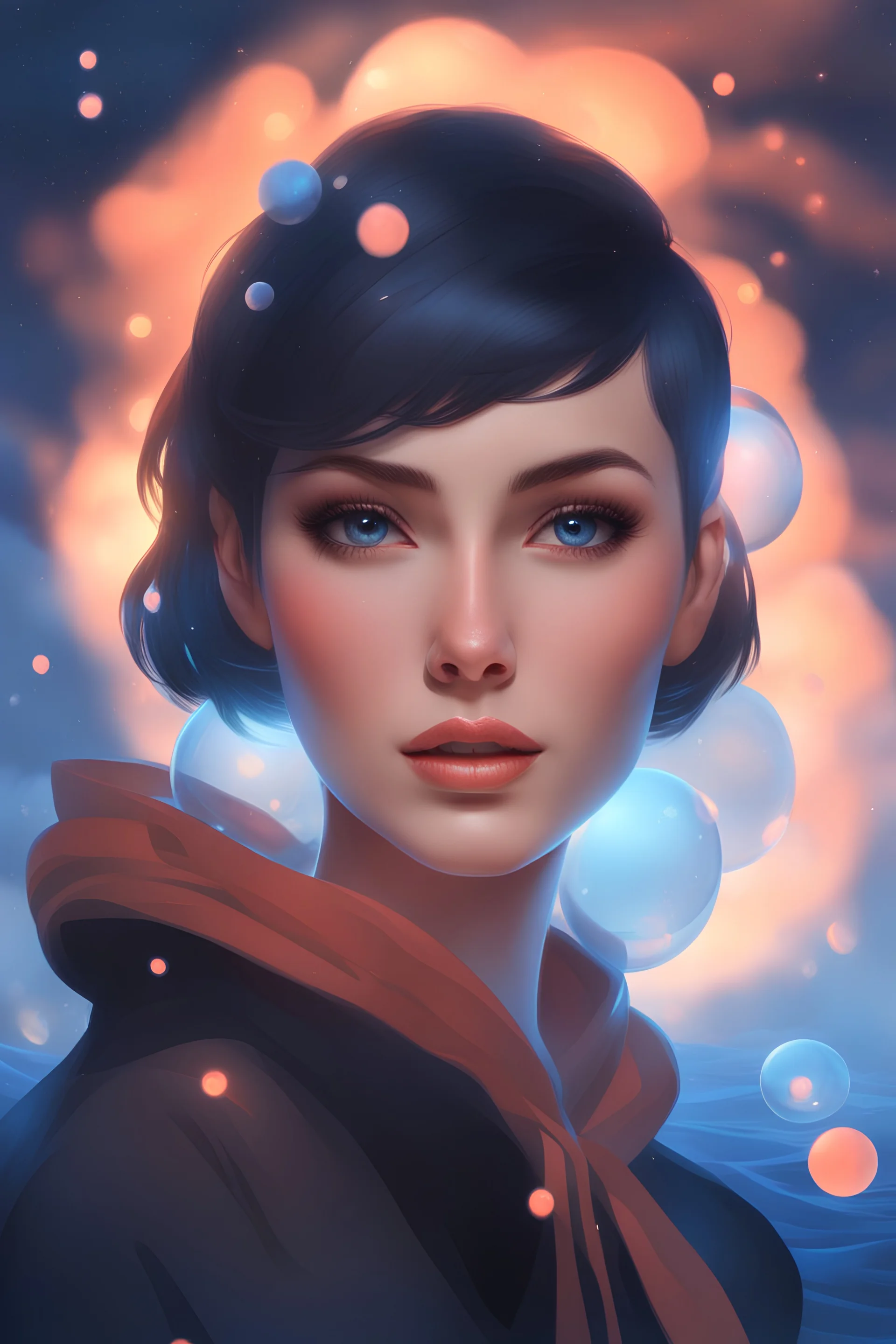 Christmas Themed --3D Bubbles, Floating hearts with an electrical current, fog, clouds, somber, ghostly mountain peaks, a flowing river of volcanic Lava, fireflies, a close-up, facial portrait of a totally gorgeous woman with short, buzz-cut, pixie-cut Black hair tapered on the sides, wide open, cobalt blue eyes, smiling a big bright happy smile, wearing a hoodie over a red bikini, in the art style of Boris Vallejo