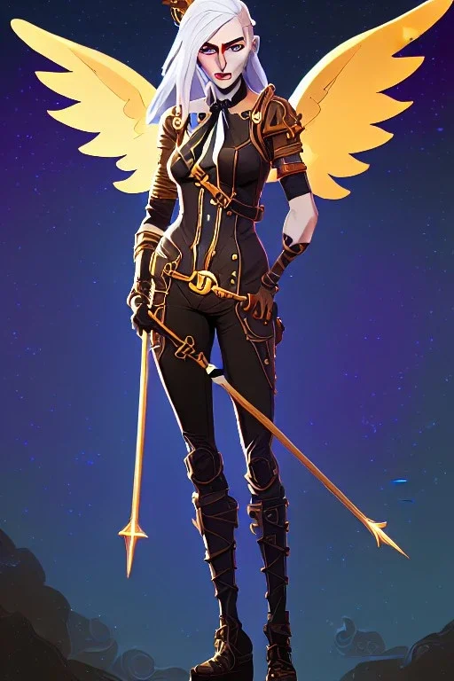 starry night, blonde steampunk angel holding staff, majestic