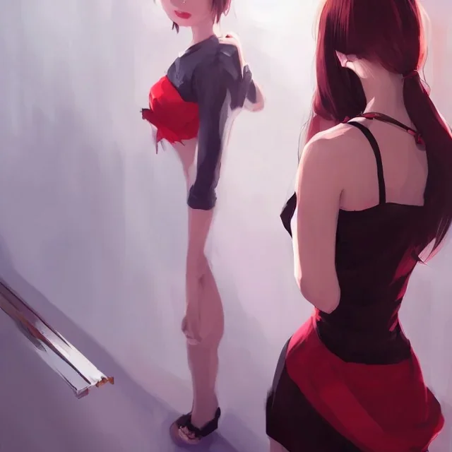 Insane pretty young woman short red black dressed. by wlop, ilya kuvshinov, krenz cushart, greg rutkowski, pixiv, sarah j. maas book cover style magician at the end of a corridor, smooth, sharp focus, d & d style, artstation, 4 k, hdr