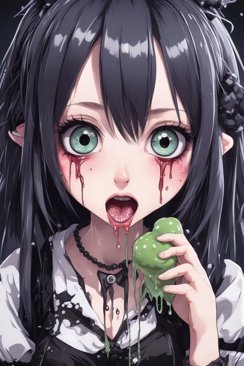 Closeup anime Girl goth with big eyes, fullbody, ragged clothes, slime, the perspective looking down, rolling eyes, tongue out, saliva drip, open mouth,