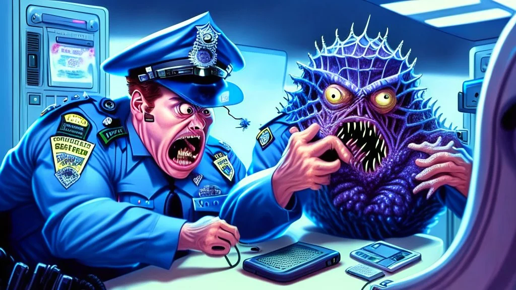 confused male cop dispatcher deals with evil virus hatching from the phone