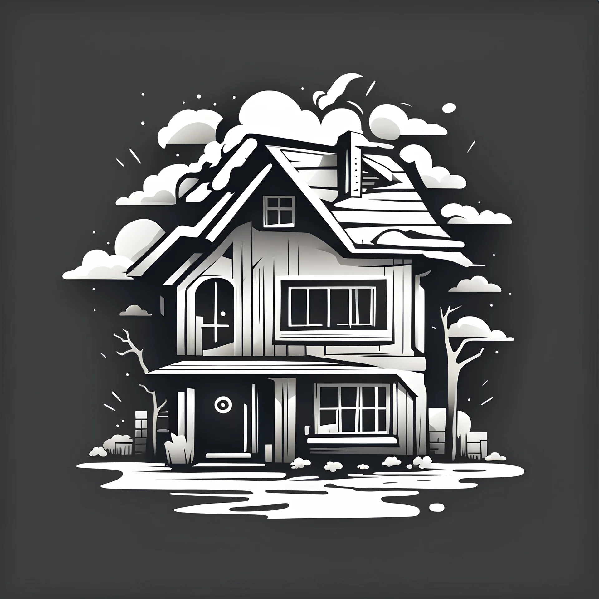 post-apocalyptic cozy house vector icon in white color over the back background, stylized