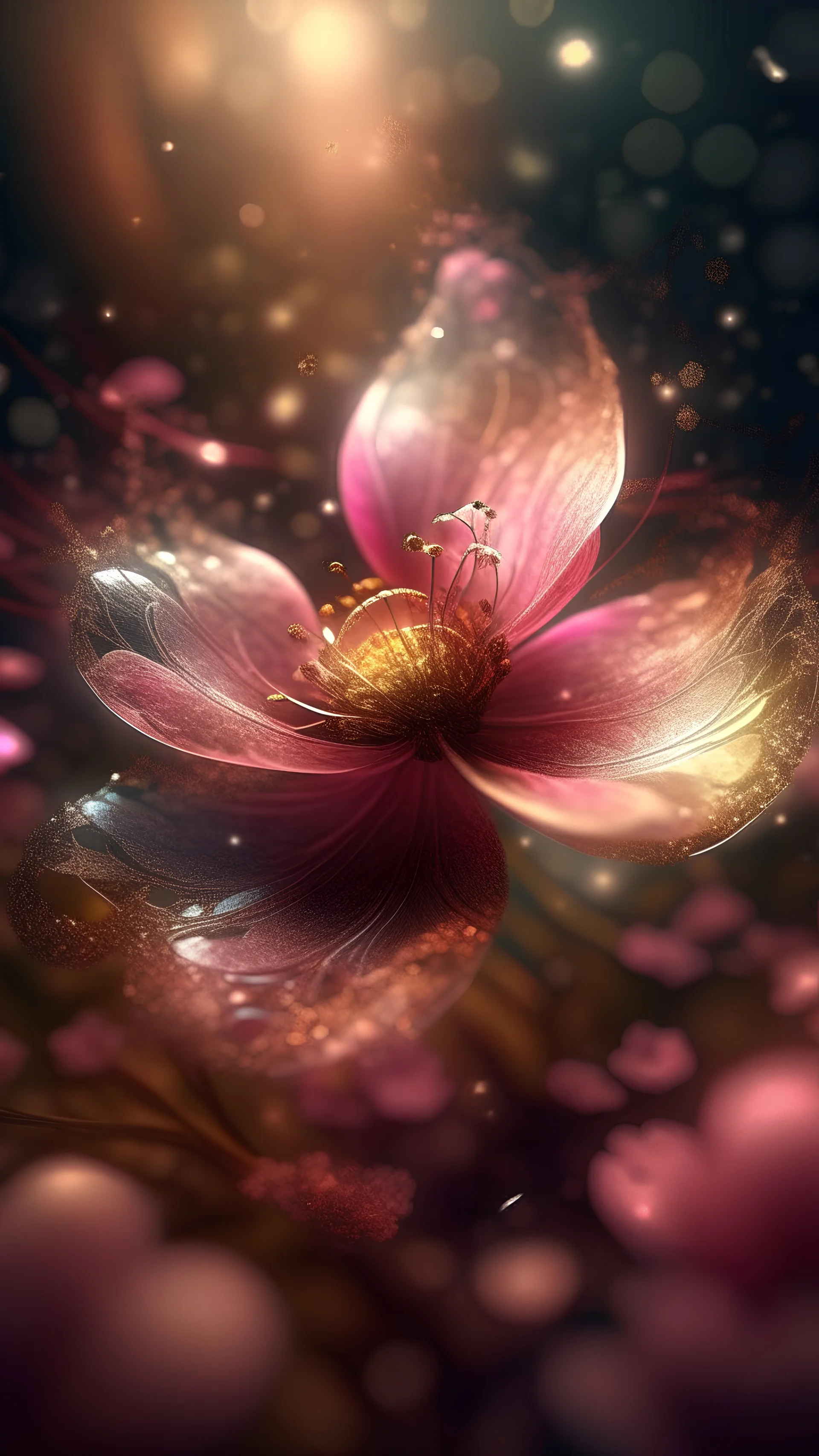 epic a full-size photo of a bright cherry blossom flower with innumerable petals, front illumination only, forest background, magic wake, fantasy illustration, sparks, glitter, grainy, noise, fractal crack effect, cinematic, deep depth of field, 3D, 16k resolution photorealistic, a masterpiece, breathtaking intricate details, reflective catchlights, high quality, abstract vector fractal, wave function, Zentangle, 3d shading