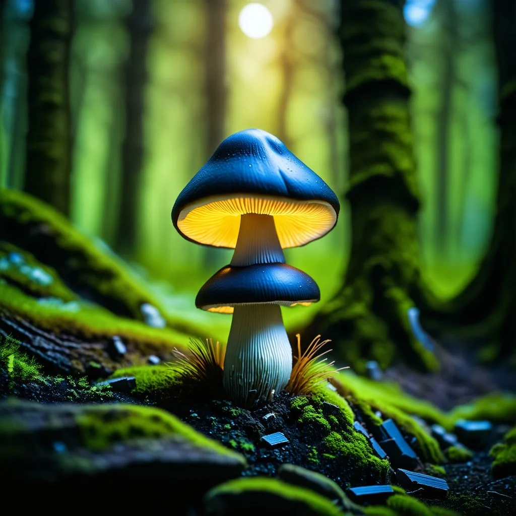 "Close up of a wonderful tiny Mushroom Tower home. indigo and yellow with bright white, deep black and contrasting tones of gray. Illuminated bioluminescent forest. Professional painter, master at composition. small but detailed. broken, blurred background, voluminous lighting"