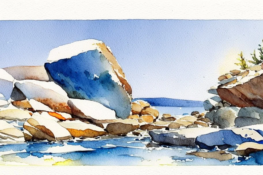 Sunny blue sky, mountains, rocks, winslow homer watercolor paintings