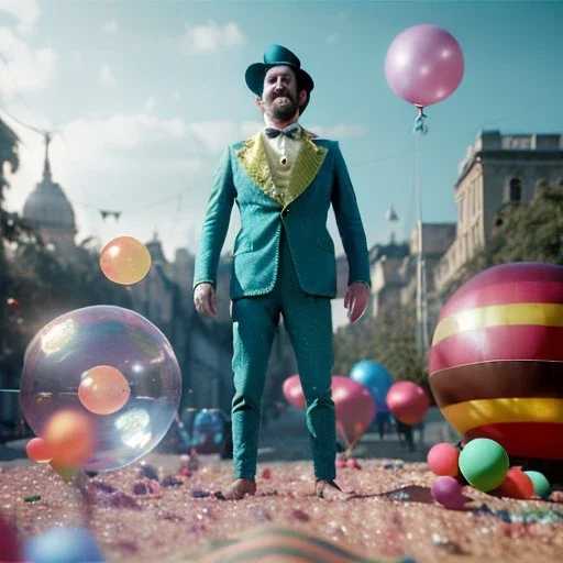 Ultra realistic circus scene. Monster man, waist up view, Wes Anderson style, happy, bubbles, party, confeti, highly detailed, concept art, unreal engine 5, god rays, ray tracing, RTX, lumen lighting, ultra detail, volumetric lighting, 3d, finely drawn, high definition, high resolution.