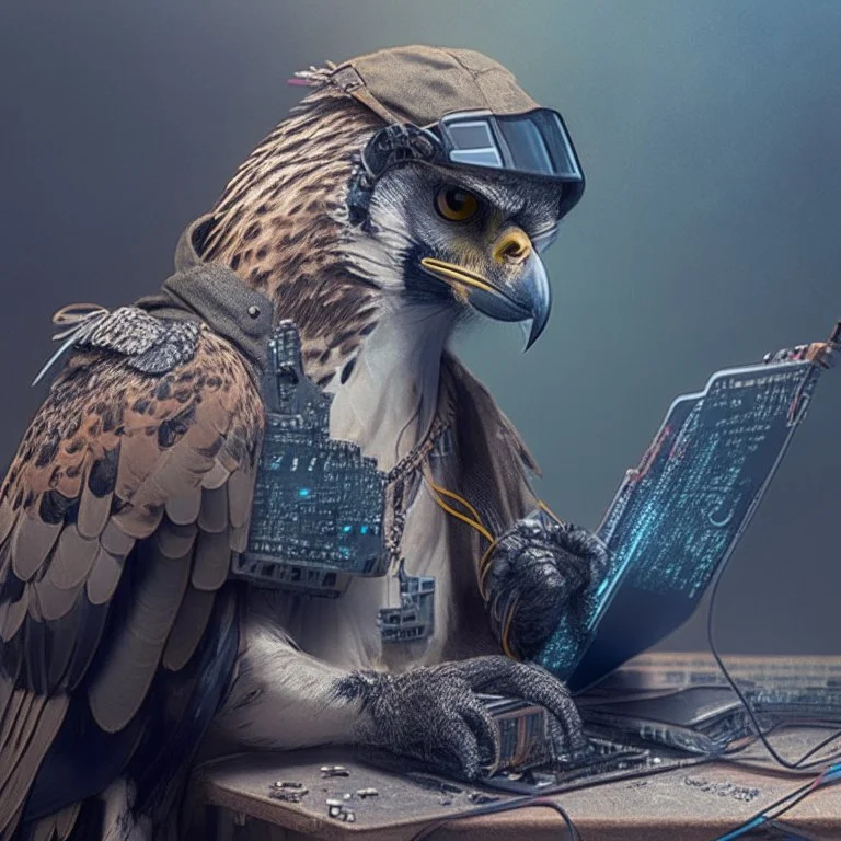 A falcon as a hacker using hacker gadgets