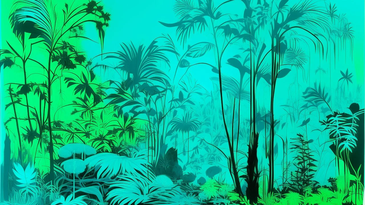 A cyan rainforest with poisonous plants painted by Andy Warhol