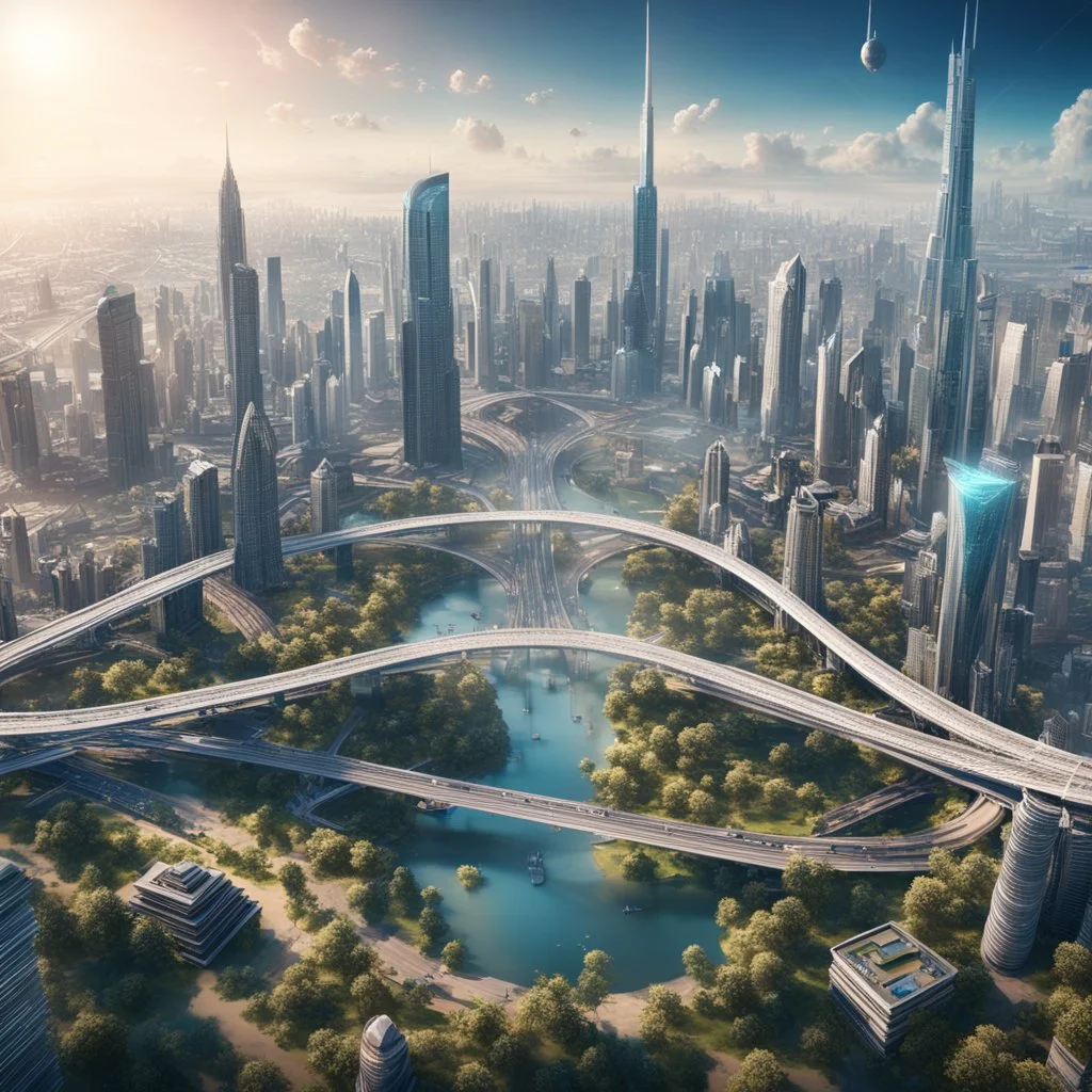 Aerial view of city on a (((twin planet))) of Earth in another galaxy, showing a diverse community. The skyline is dominated by tall skyscrapers with modern futuristic architectural designs, the streets are filled with people from diverse backgrounds. In the distance, a majestic bridge crosses a river and connects the city with a beautiful park on the other side. 8k