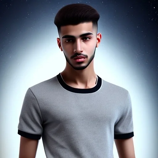 beautiful smooth realistic arab male teen, run on dark cosmos background, dog еye, extremely sharp detail, finely tuned detail, ultra high definition, 8k, unreal engine 5, ultra sharp focus, smile teeth, happy